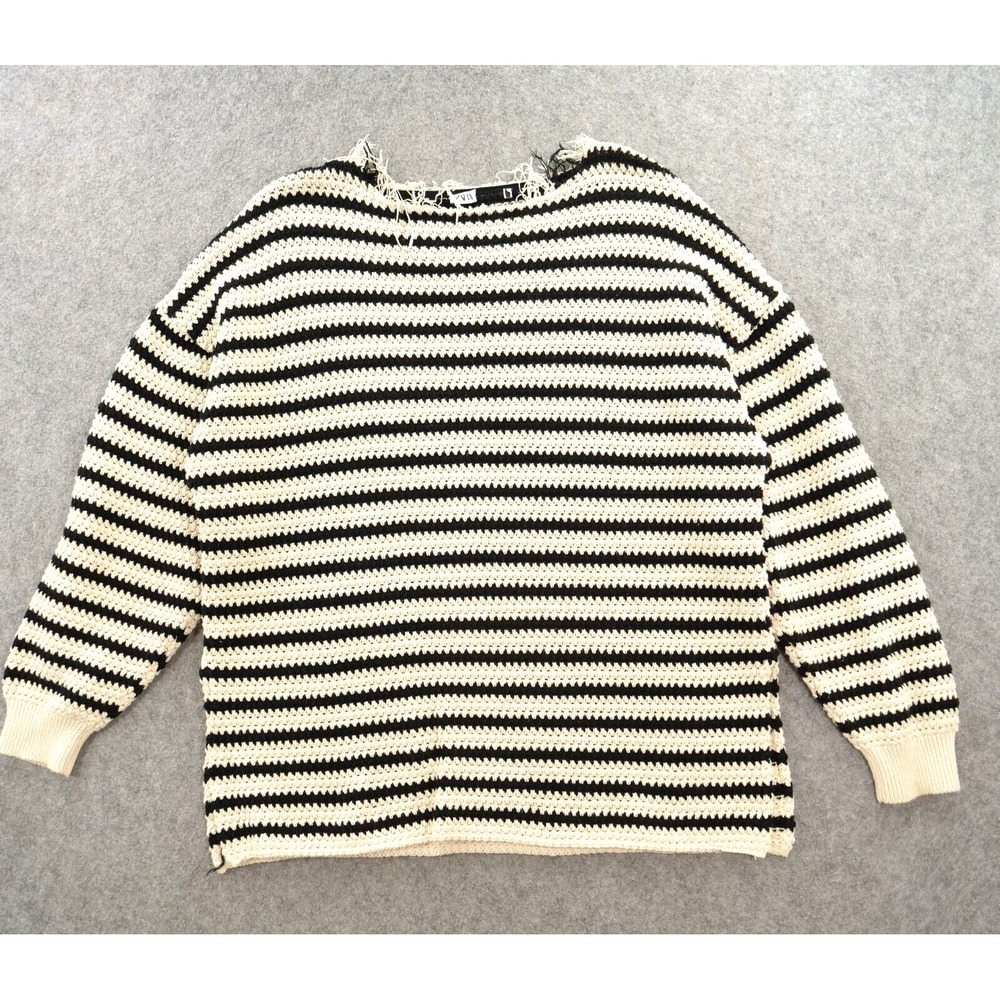 Zara Sweater Womens Medium Beige Black Oversized Knit Round Neck Long Sleeve